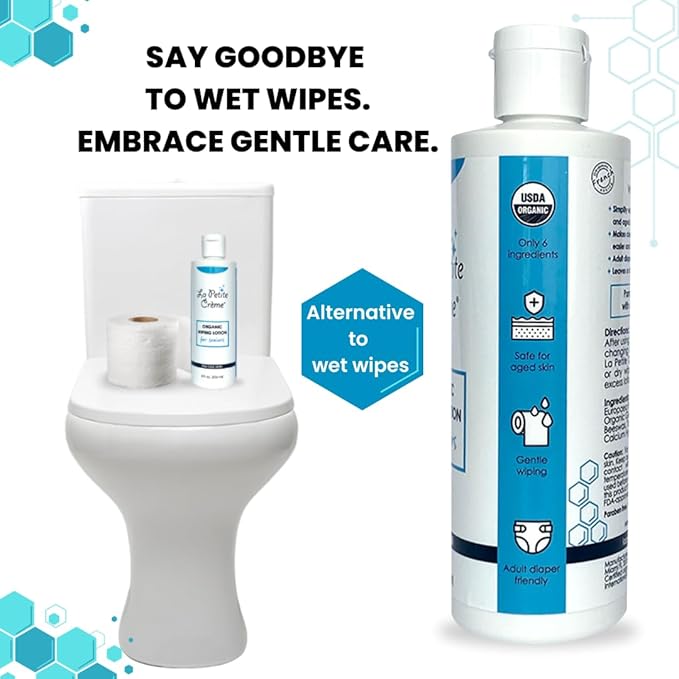 La Petite French Premium Liniment Wiping Lotion for Seniors (8 oz) - Alternative to Wet Wipes, Incontinence Lotion - Moisturizer & Skin Cleanser - USDA Organic Certified & EWG Verified