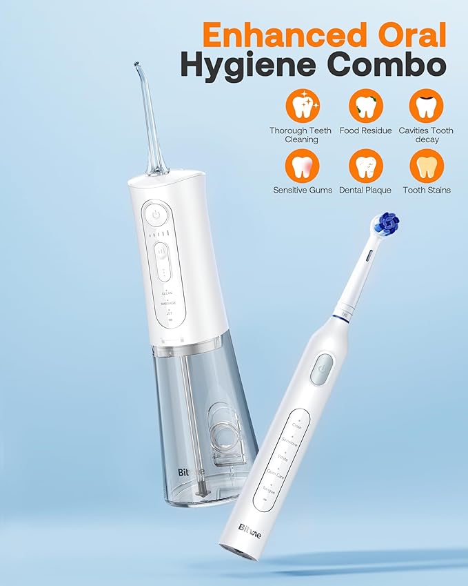 Bitvae Water Dental Flosser Teeth Picks, Cordless Water Flosser for Teeth, Braces, Dental Care and Rechargeable Rotary Electric Toothbrush Combo Set, 4 Tips, 4 Brush Heads, Waterproof, White, C5+R1