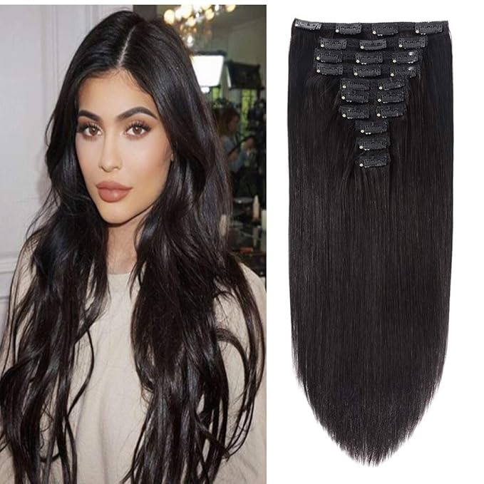 22" Clip in Human Hair Extensions Full Head 200g 10 Pieces 22 Clips Natural Black Double Weft Brazilian Real Remy Clip In Hair Extensions Thick Straight Silky (22",200g 1B#)