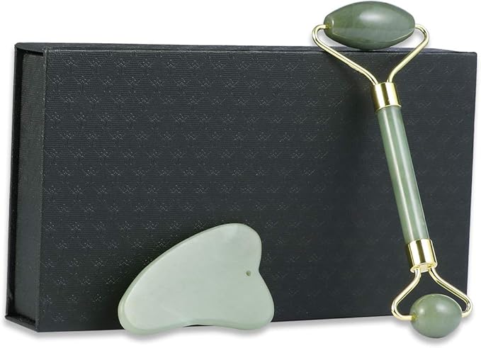 rosenice Gua Sha Facial Tools Guasha Tool Gua Sha Jade Stone for Face Skincare Facial Body Acupuncture Relieve Muscle Tensions Reduce Puffiness Festive Gifts (Green-Set)