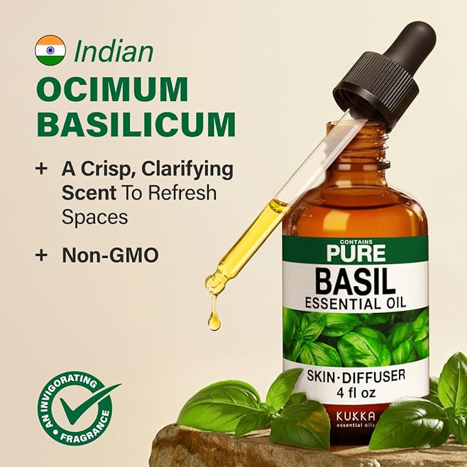 KUKKA Basil Essential Oils - 4 Fl Oz - for Hair, Skin, Diffuser, Aromatherapy & DIY Soap Making Scent