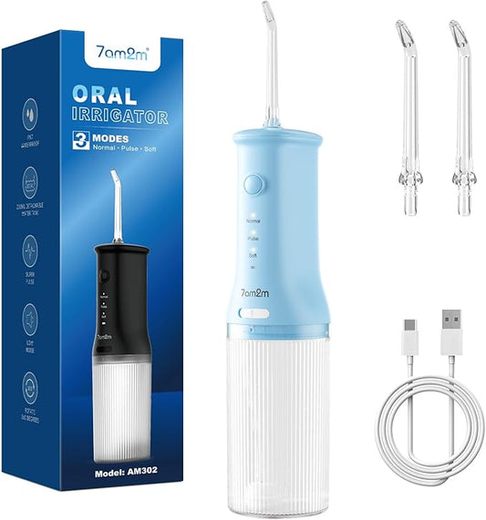 7AM2M Portable Cordless Water Flosser, Oral Irrigator with 3 Modes & 2 Tips, Fast Rechargeable, IPX7 Waterproof, Dental Water Flosser for Travel and Home Use (Light Blue)