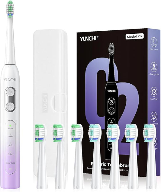 YUNCHI Electric Toothbrush for Adults and Kids, Travel Electric Toothbrush & Case, Sonic Rechargeable Toothbrushes, 90 Days, 8 Brush Heads, 2 Min Timer, IPX7 Waterproof, 5 Modes, Purple White Gradient
