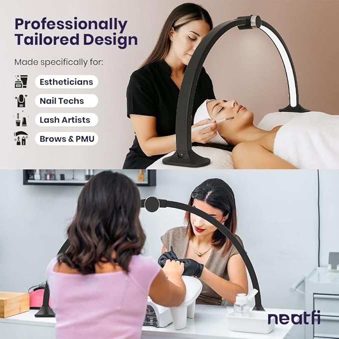 Neatfi Half Moon Light for Nail Desk Lamp, Table Lamp, Multiple Light Modes Desk Lighting for Estheticians, Beauty Eyelash Makeup Tattoo Crafts, Reading, Spa Salon, Nail Tech (with LCD, Black)