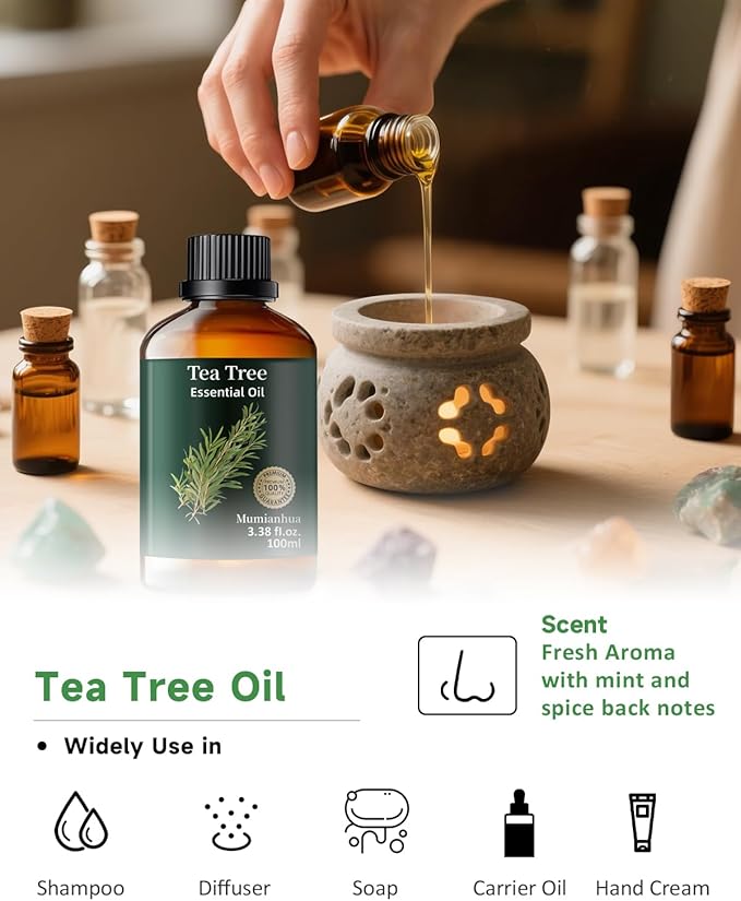 Tea Tree Essential Oil Pure Mumianhua Natural Tea Tree Oil for Diffuser, Aromatherapy, Skin, Face, Toenails, Foot Soak and DIY Soap Making 3.38 Fl Oz