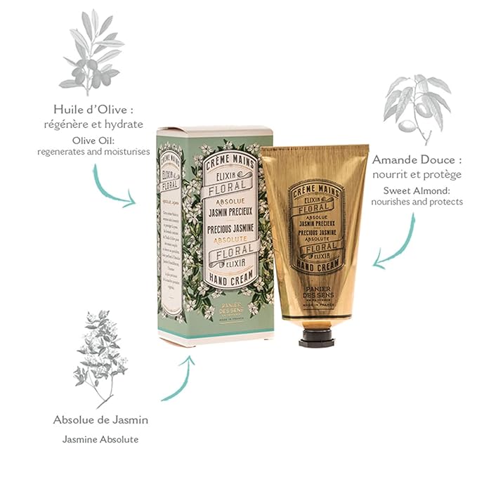 Panier des Sens Jasmin Hand Cream - Nourishing Shea Butter Hand Cream for Dry Cracked Hands 97% Natural Ingredients - Dermatologically Tested Hand Lotion for Woman Made in France, 2.5 fl oz