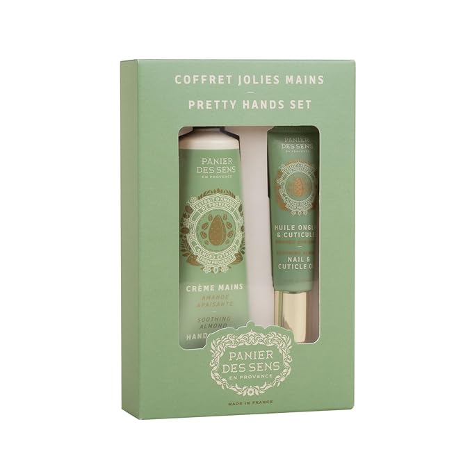 Panier des Sens - Pretty Hands Set - Almond Mini Hand Cream + Nail & Cuticle Oil - 97% Natural, Shea Butter & Sweet Almond - Travel Gift Set for Dry, Cracked Hands - French Skincare Holiday Gift