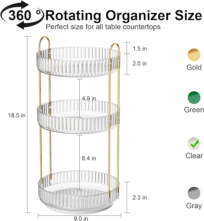GTI 360°Rotating Makeup Organizer, 3 Tier Large Capacity Perfume Cosmetics Skincare Vanity Organizers,Bathroom Counter Organizer, Dresser Spinning Countertop Organizer and Storage for Women (Clear)