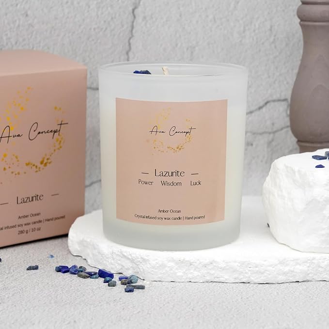 Healing Crystal Candle, Scented Candle Infused Lazurite Clear Quartz Crystals, Amber Ocean Scented, Positivity Energy, Cleansing Wellness, Gift for Women, Aromatherapy Clean Vegan 10Oz Jar