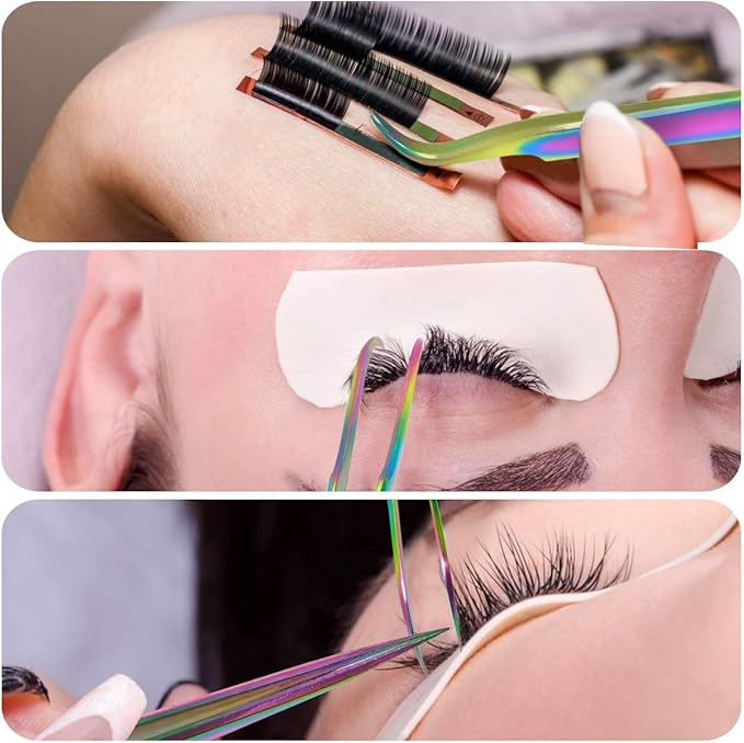 Eyelash Extension Tweezers Set, Fangze 7 Pcs Lash Kit Rainbow Stainless Steel Straight and Curved Tweezer for Nail Art Ingrown Hair Craft