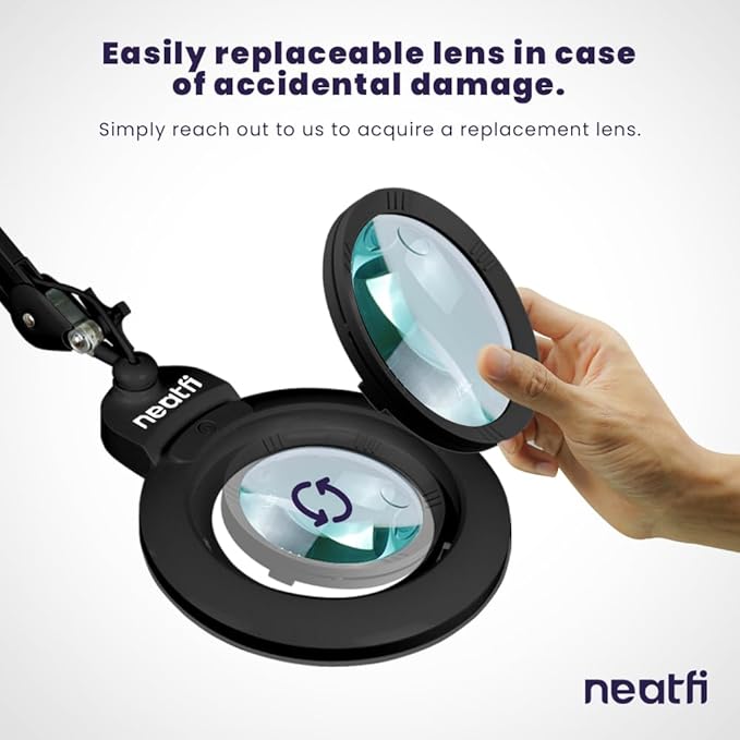 Neatfi XL Bifocal LED Magnifying Lamp, 7-Inch Acrylic Lens, 5D/20D Magnification, Hands-Free, Dimmable, 84 SMD LED, Adjustable Arm for Crafts, Reading, Close Work (Black, with Clamp)