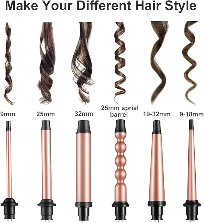 6 in 1 Curling Iron, Professional Curling Wand Set, Fast Heating Hair Curler with 6 Interchangeable Ceramic Barrels (0.35'' to 1.25'') for Women Quick Create Hairstyle in All Hair Type