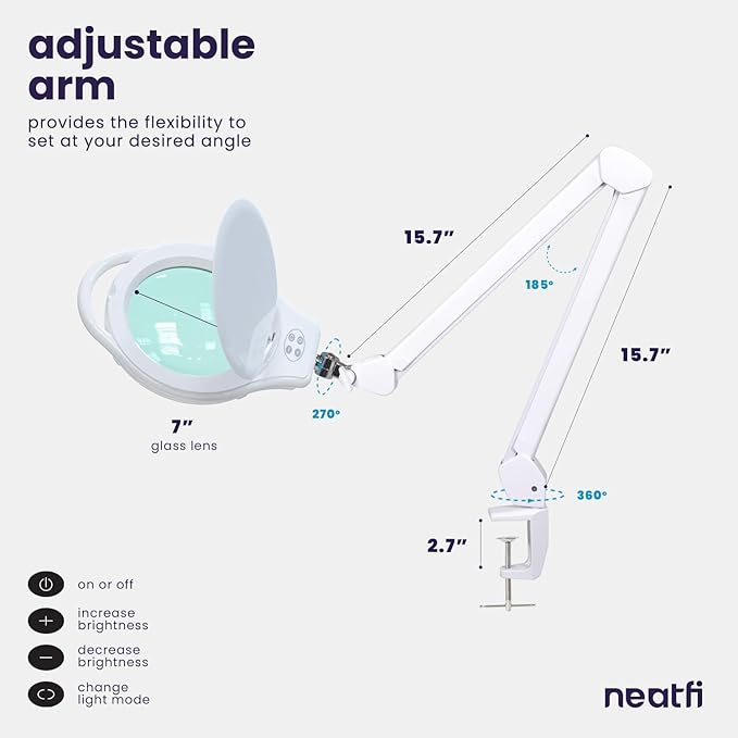 Neatfi Elite XL HD Super LED Magnifying Lamp, 3 Diopter with 12 Diopter, Dimmable, 3 Light Modes (3000K/4000K/6500K), Glare-Free, Adjustable Arm (White, 7-Inch Glass Lens with Clamp)