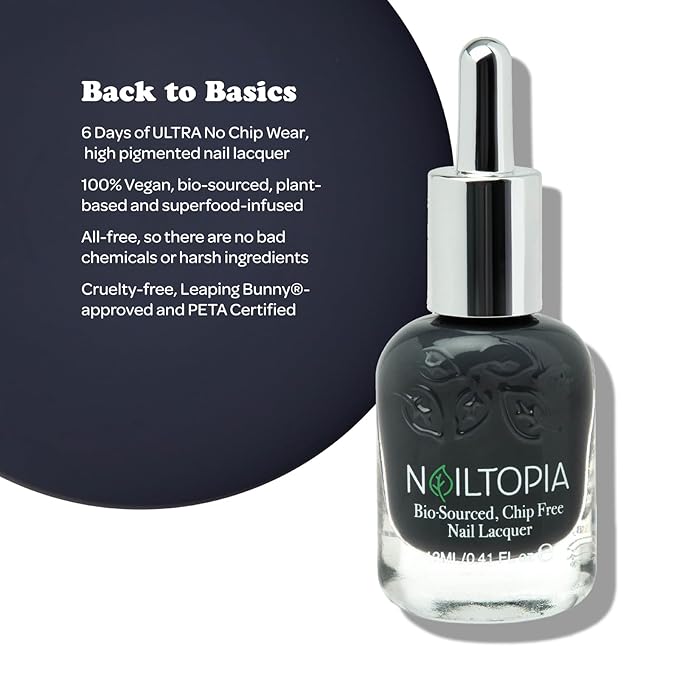 Nailtopia - Plant-Based Chip Free Nail Lacquer - Non Toxic, Bio-Sourced, Long-Lasting, Strengthening Polish - Back to Basics (Dark Grey) - 0.41oz