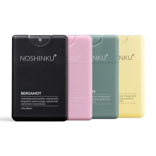 Noshinku - Refillable Hand Sanitizer Discovery Deux 4-Pack, Travel Size Sprayer, Hydrating Botanical Mist, Natural Ingredients, All Natural Fragrances, Sugarcane Derived Alcohol, No Parabens, No Dyes