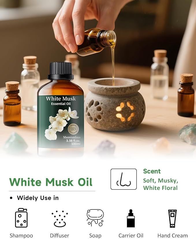 Mumianhua White Musk Oil 100% Pure- Therapeutic Grade Aromatherapy White Musk Essential Oil for Diffuser, Skin & Body Care, Women & Men, Natural Perfume & Candle Making 3.38 Fl Oz