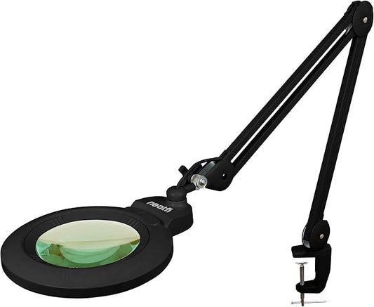 Neatfi XL Bifocal LED Magnifying Lamp, 7-Inch Acrylic Lens, 5D/20D Magnification, Hands-Free, Dimmable, 84 SMD LEDs, Adjustable Arm for Crafts, Reading, Close Work (Black, CCT with Clamp)