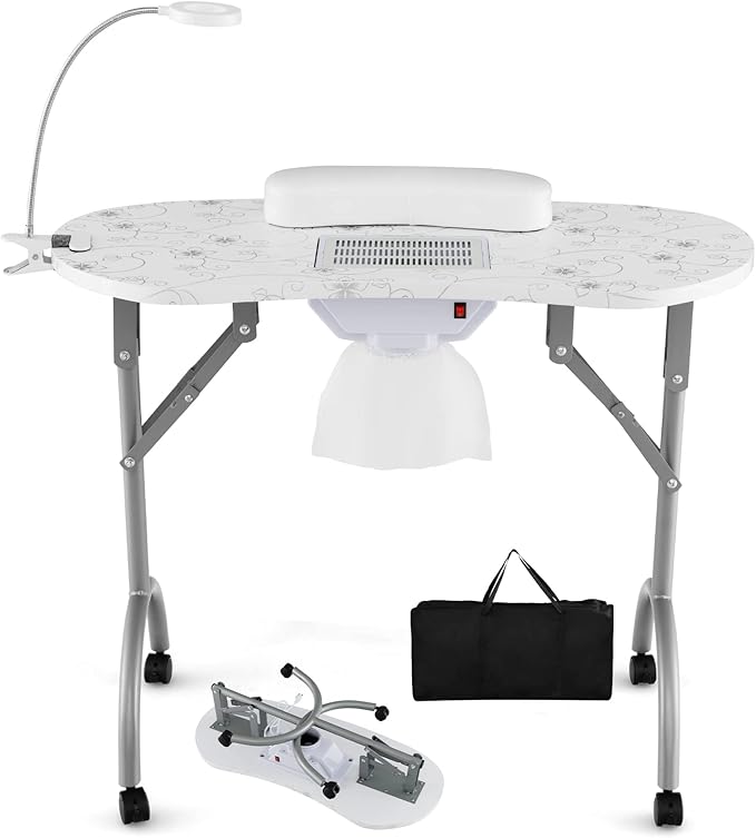 S AFSTAR Portable Nail Table, 35" Foldable Manicure Table with Electric Dust Collector, Bendable LED Lamp, Carry Bag & 4 Lockable Wheels, Professional Nail Desk Nails Salon Station (White)