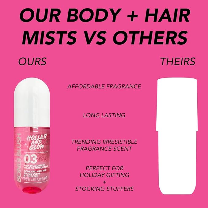 HOLLER AND GLOW Bondi Blush Pink Dragonfruit Body & Hair Mist, Body Spray For Women, Hair Perfume For Women, Jasmine, Amber Scented, Floral & Tropical Fragrance Notes, 8.11 Fl Oz