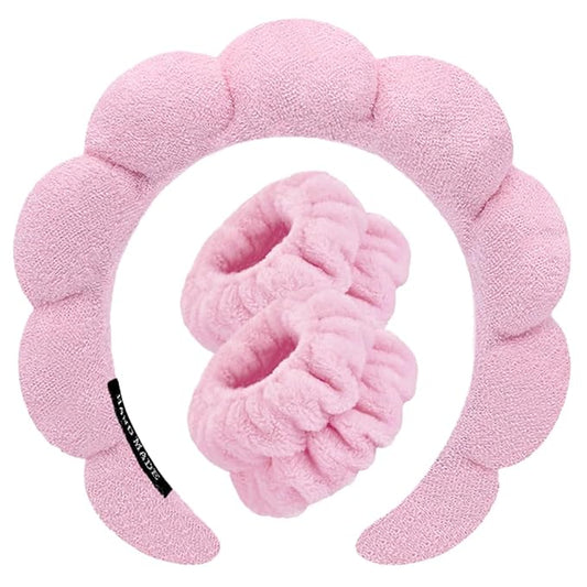 Spa Headbands for Washing Face Wristband Set Sponge Makeup Skincare Headband Wrist Towels Bubble Soft Terry Towel Cloth Hairband for Women Puffy Headwear Non Slip Thick Hair Headwear (Pink)
