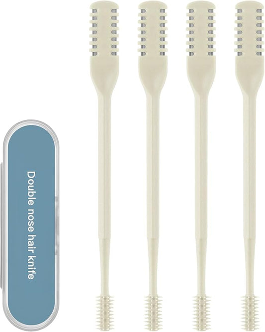 4Pcs 2-in-1 Nasal Hair Cutter, Double Sided Nose Hair Trimmer, 360° Nostril Hair Remover Tool, Manual Nose Knife with Soft Cleaning Brush for Men Women(Beige)