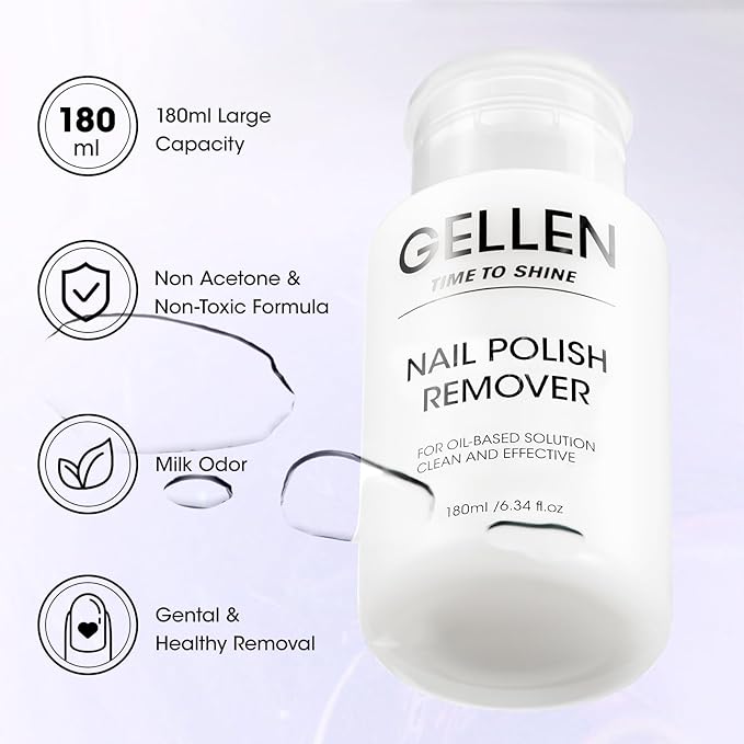 Gellen Nail Polish Remover Milk Scent, Acetone Free Nail Polish Remover for Quick Dry Nail Polishes, Gentle Fingernail Polish Remover, Ultra-Powerful Pump Design, 6.09 Fl Oz