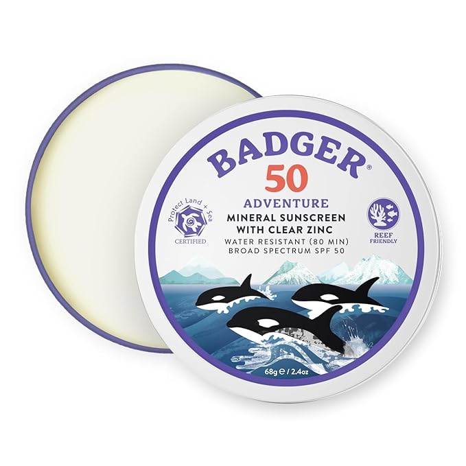 Badger Biodegradable Reef Safe Sunscreen, SPF 50 Mineral Sunscreen, 98% Organic Ingredients, Unscented, Water Resistant Adventure Sport Sun Cream, Travel Size 2.4 oz Tin