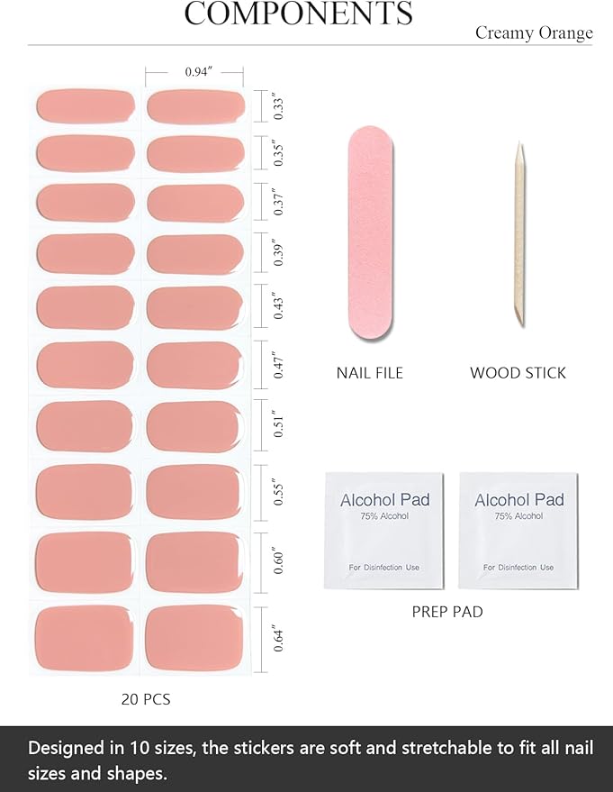 Semi Cured Gel Nail Strips (Creamy Orange), Fall, 20 Pcs Gel Nail Wraps, Stickers, UV Light Required, Salon Quality