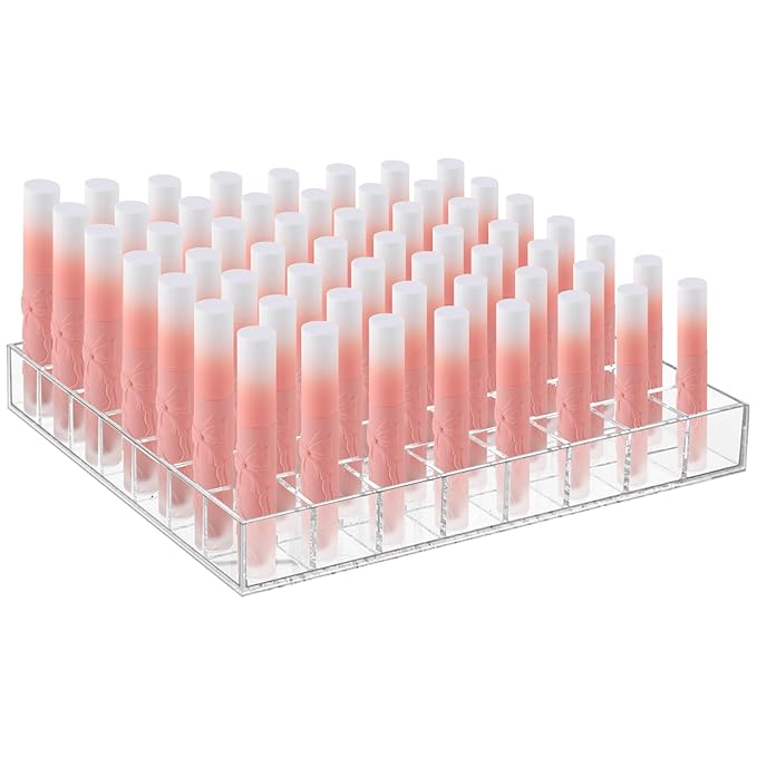 Mumufy Lipstick Holder Clear Acrylic Organizer Makeup Lip Gloss Organizer Plastic Cosmetic Display Case for Lipstick Brushes Bottles Perfume Essential Drawer Vanity Bathroom (56 Slot)