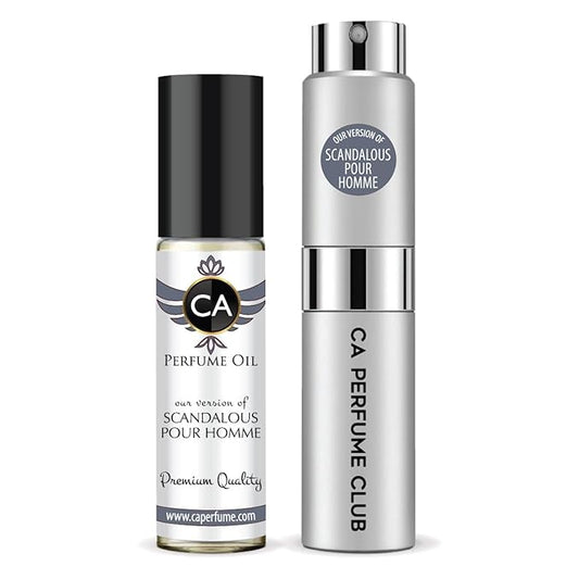 CA Perfume Duo Impression of Scandalous Pour Homme For Men Perfume Layering Set Mens Cologne Long Lasting Travel Size EDP + Body Oil Roll-On Bottle 0.27 Fl Oz+0.33 Fl Oz
