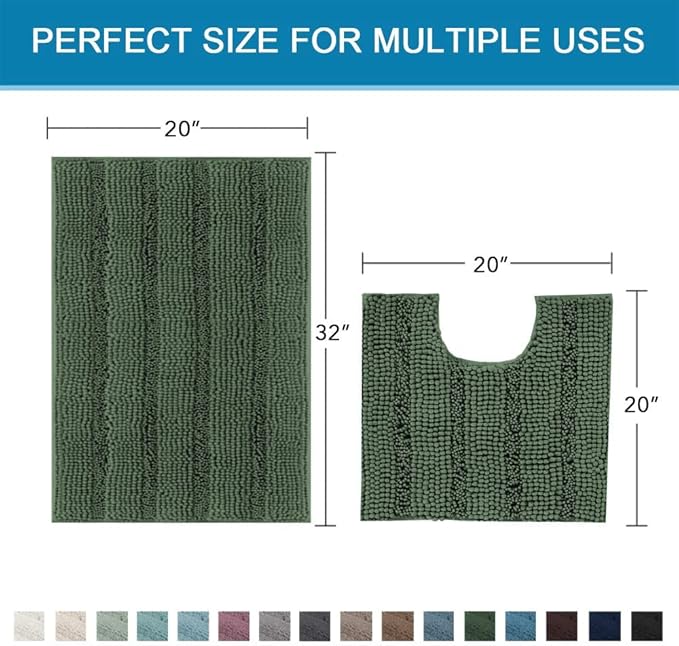 H.VERSAILTEX Bathroom Rugs Bath Rug Set 2 Piece Bathroom Contour Rug Toilet Mat Sets Non Slip Contour Bath Rug Ultra Thick Water Absorbent Striped Bath Mats(20" x 32" Plus 20" x 20" U, Bronze Green)