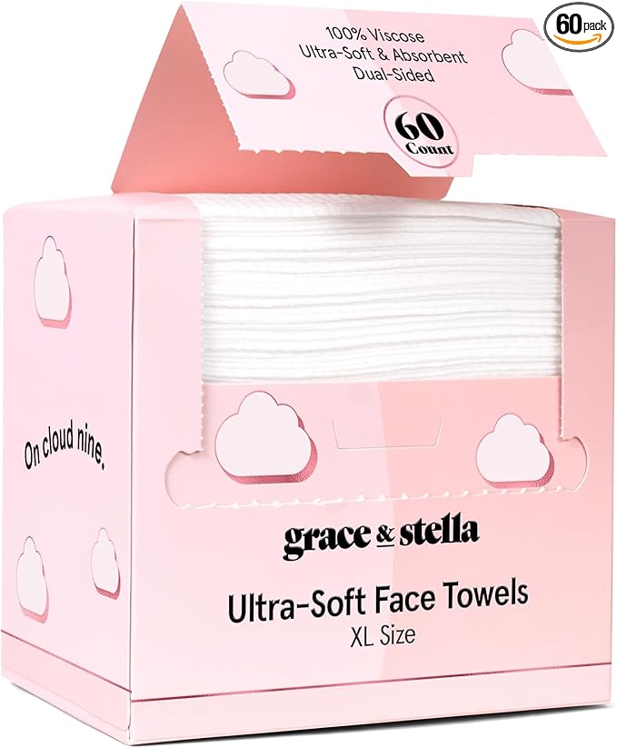 grace & stella Disposable Face Towels - Travel Essentials - Ultra-Soft & Absorbent Face Wipes Towelettes - XL Facial Towels for Cleansing & Makeup Removal - Lint-Free Facial Tissue - Vegan (60 Count)