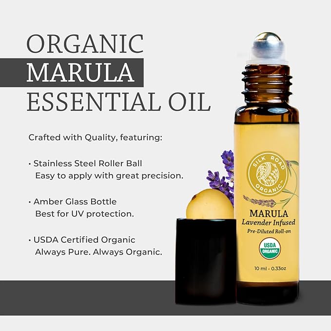 Silk Road Organic Marula Oil & Lavender Essential Oil Roll On, USDA Certified - Deep Hydration for Nails, Hair, Feet, Face, Body - 10 ml Aromatherapy Roller