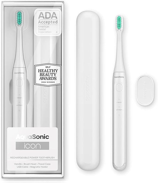 Aquasonic Icon ADA-Accepted Rechargeable Toothbrush | Magnetic Holder & Slim Travel Case | 2 Brushing Modes & Smart Timers | Gentle Micro-Vibrations (Pearl)