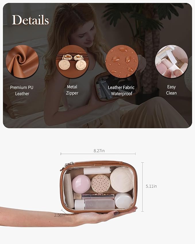 Pocmimut Clear Makeup Bag,Small Makeup Bag Travel Make Up Bag Pouch Purse Car Accessories Storage for Travel Essentials Organizers,Brown