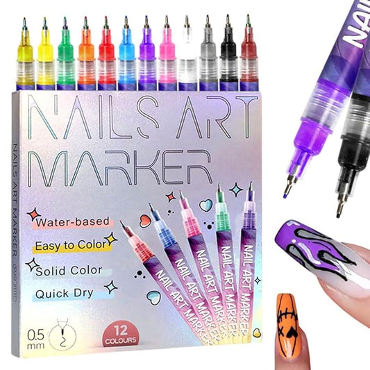 12 Color Nail Art Pens, 2026 New 0.5 MM Nail Polish Pens Set Drawing Painting Point Liner Acrylic Painted Pen Kit, Waterproof and Quick-drying Nail for DIY Nails Art Design ((1 set) 12 Color)