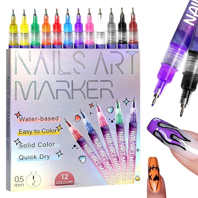 12 Colors Nail Art Pens Set, 2026 New Nail Marker, Fine Tip Nail Art Pen 0.5mm, Waterproof and Quick-drying Nail for DIY Nails Art Design, Portable Nail Art Tools for Home Salon (1set)
