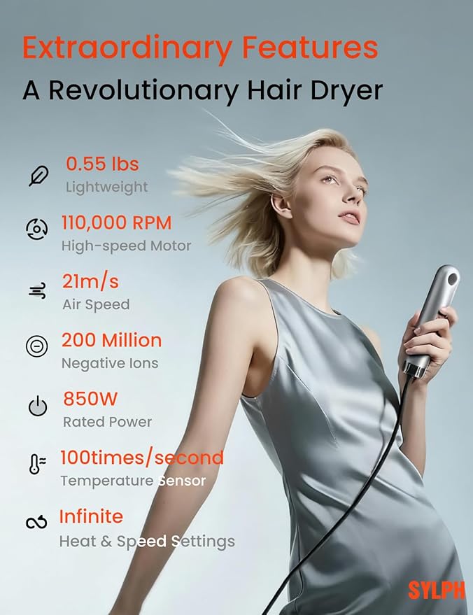 SYLPH Travel Hair Dryer, 60% Smaller & 0.55 lb Ultra Lightweight, 110,000 RPM High-Speed Motor, 200 Million Ions, Smart Mode, Temp Control, 4-Heat Modes, 850W, Mini Hair Dryer For Home, Hotel, Gym Use