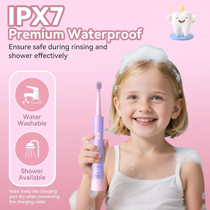 JTF Kids Electric Toothbrush Rechargeable: Sonic Tooth Brush with Smart Timer 5 Brushing Modes 4 Soft Brush Heads IPX7 Waterproof and DIY Sticker, Portable Pink Children Toothbrushes for Girl, Ages 3+