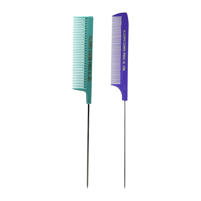 Allegro XL Pintail Rat Tail & Parting Combs - Metal Tail Foiling & Pin Combs (2 Pc., Purple & Mint)