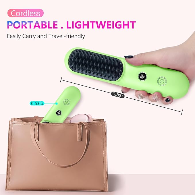 LCD Screen Cordless Hair Straightener Curler 2 in 1, Portable Mini Hair Straightening Brush for Travel Negative Ionic Fast Heating Hot Comb for Women, Folding Brush with Mirror, Green