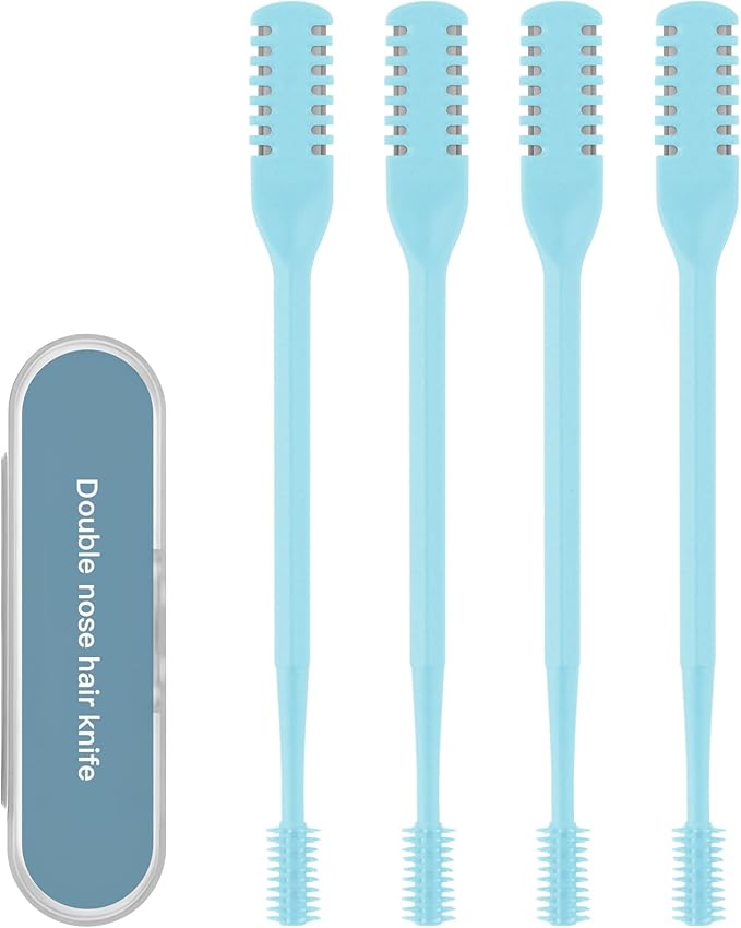 4Pcs 2-in-1 Nasal Hair Cutter, Double Sided Nose Hair Trimmer, 360° Nostril Hair Remover Tool, Manual Nose Knife with Soft Cleaning Brush for Men Women(Blue)