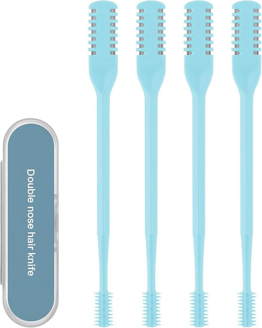 4Pcs 2-in-1 Nasal Hair Cutter, Double Sided Nose Hair Trimmer, 360° Nostril Hair Remover Tool, Manual Nose Knife with Soft Cleaning Brush for Men Women(Blue)