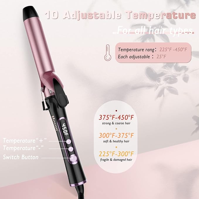 1 1/4 inch Curling Iron, Dual Voltage Hair Curling Iron Heat up to 450°F, Professiona Curling Wand Ceramic Tourmaline(Rose Gold)