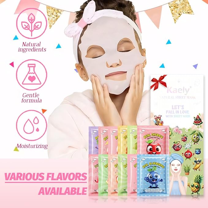 evpct 12 Pack Fruit Kids Face Masks for Kids Girls Spa, Girls Kids Facial Spa Day Slumber Sleepover Birthday Party Favors Supplies Kit for Girl, Kid Friendly Facial Face Masks Bulk Skincare for Kid, 1