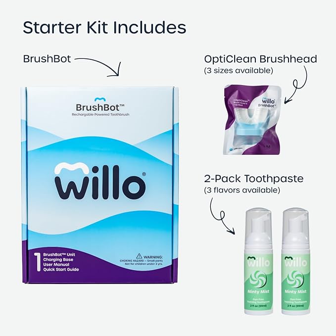 Willo BrushBot Kids U-Shaped Toothbrush Starter Kit – Rechargeable, Smart Electric Toothbrush for Kids Ages 12+ w/App, Soft Bristles, Plaque Removal, Gentle & Deep Clean Modes | Large Minty Mist