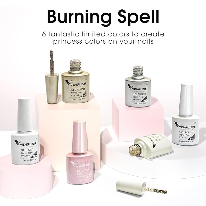 VENALISA Glitter Gel Nail Polish Set, 6 Colors Chrome Platinum Glitter, Sparkly Silver Gold UV Gel Soak Off For Nail Salon DIY Home Manicure