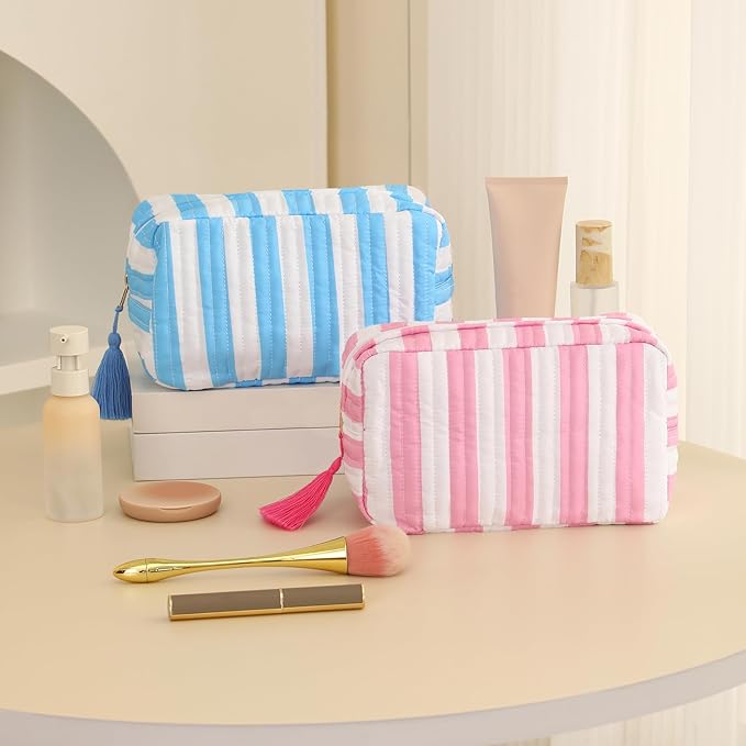 Quilted Makeup Bag for Women, Stripe Cosmetic Pouch with Tassel Zipper Travel Toiletry Organizer (White-Blue)