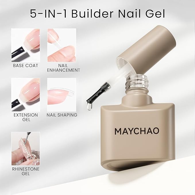 MAYCHAO 15ML Builder Nail Gel 5 in 1 Clear Builder Strengthener Gel Nail Polish for Nail Extension, Hard Builder Base Coat Rhinestone for Valtines Home Manicure, 0.5 OZ