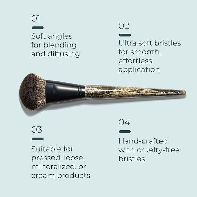 Rose and Ben Beauty C41 Blush Brush & C42 Foundation Brush Bundle | Professional Tools for Flawless Liquid, Cream, Pressed & Powder Application | Angled, Streak-Free, Cruelty-Free